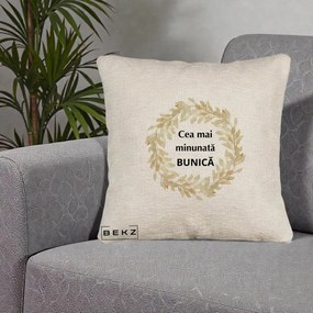 Cadou pentru Bunica - Perna Personalizata Cea Mai Minunata Bunica Coronita Frunze Acuarela, 40x40 cm, Bej Canapea, Husa Detasabila, Perna Inclusa, BEKZ®