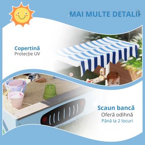AIYAPLAY Ladă de nisip cu copertină, design magazin alimentar, bancă, tablă de scris, lemn de brad, 104H x 108L x 90B cm, Albastru | Aosom Romania
