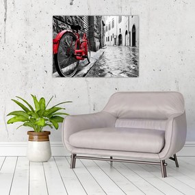 Tablou pe sticlă - Bicicleta roșie pe o stradă pavată (70x50 cm)
