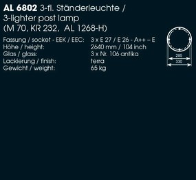Stalp iluminat exterior design medieval cu felinar rotund si acoperis nituit, din fier forjat, inaltime 198cm, AL 6002