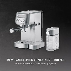 Espressor manual Caso Gourmet Latte, 1350 W, 20 bari, 1,3 l, ULKA, 6 programe, Cafea macinata si paduri ESE, Portafiltru, Spumare lapte cu rezervor incorporat, Otel inoxidabil