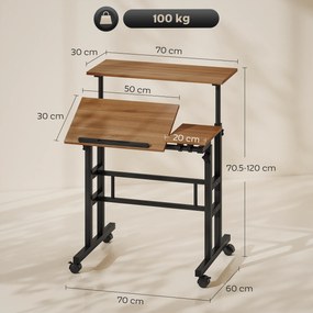 HOMCOM Birou stat jos/în picioare birou reglabil pe înălțime 70 x 60 cm pe roți cu blat înclinat cadru metalic maro | Aosom Romania