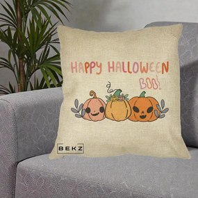 Perna Decorativa Happy Halloween Boo Trei Dovlecei Kawaii, 40x40 cm, Crem, Husa Detasabila, Perna Inclusa, BEKZ®