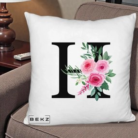 Cadou Personalizat - Perna Personalizata Monograma Florala Litera H cu Trandafiri Roz, 40x40 cm, Alb Pufos, Husa Detasabila, Perna Inclusa, BEKZ®