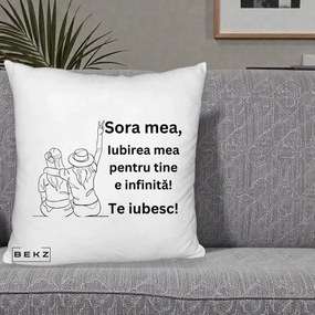 Cadou pentru Sora - Perna Personalizata Sora Mea Te Iubesc Line Art Portrete Colorate, 40x40 cm, Alb Pufos, Husa Detasabila, Perna Inclusa, BEKZ®