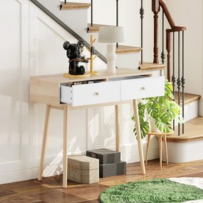 HOMCOM Masă de consolă cu 2 sertare și picioare din lemn, pentru living, intrare, hol, 86 x 35 x 75 cm, stejar și alb | Aosom Romania