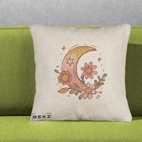 Perna Decorativa Luna Florala Boho, 40x40 cm, Bej Canapea, Husa Detasabila, Perna Inclusa, BEKZ®