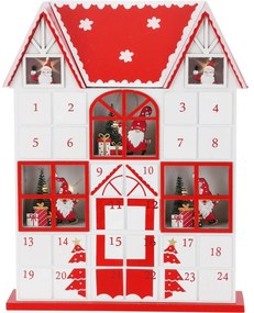 Calendar de advent cu lumini LED Casa lui MoșCrăciun roșu, 29 x 7 x 37 cm