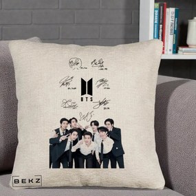 Perna Personalizata K-pop BTS Autografe Toti Membrii cu Fotografie, 40x40 cm, Bej Canapea, Husa Detasabila, Perna Inclusa, BEKZ®