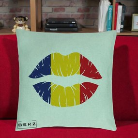 Perna Personalizata Buze Tricolor Romania, 40x40 cm, Verde Menta, Husa Detasabila, Perna Inclusa, BEKZ®