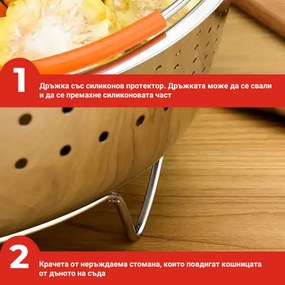 Cos pentru prajit si gatit la aburi Izibizi SSST-IZB, 3,8 L, Maner detasabil, Separator, Inox/Portocaliu