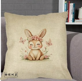 Perna Decorativa Iepuras cu Coronita Florala Roz, 40x40 cm, Crem, Husa Detasabila, Perna Inclusa, BEKZ®