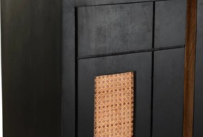 Bufet negru retro, din lemn de mango, cu 4 uși cu panouri din ratan împletit și picioare înclinate din metal, 90 x 160 x 40 cm, „Chaumont”