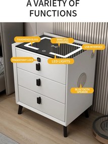 Noptieră inteligentă multifuncțională, 3 sertare, blocare cu amprentă, LED-uri tactile, 3 tipuri de culoare, încărcare fără fir, Difuzor Bluetooth, incarcare USB, sticla securizata, Alb
