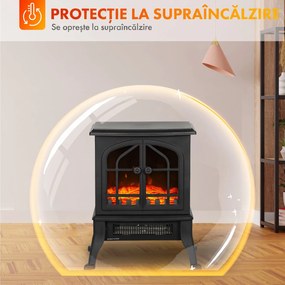 HOMCOM Șemineu Electric de Podea, Flacără 3D, Termostat 10-35°C, Plastic, Sticlă, 39x24x48 cm, Negru | Aosom Romania
