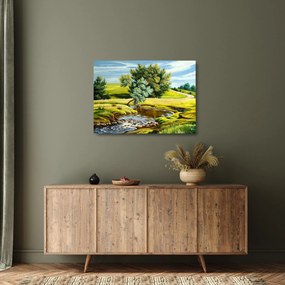 Tablou pe sticlă - Râu între câmpii, pictură în ulei (70x50 cm)