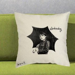 Perna Personalizata Wednesday Addams cu Umbrela Foto, 40x40 cm, Ecru, Husa Detasabila, Perna Inclusa, BEKZ®