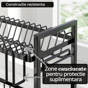 Scurgator vase chiuveta etajat, cu protectii cauciuc, suport pahare si tacamuri, tub de scurgere, negru, 43x39x21cm