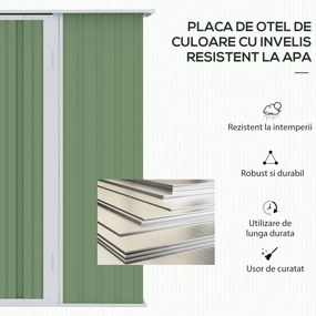 Outsunny Magazie de Gradina sopron Pentru Unelte din Otel, casuta de Gradina Usi Glisante, 142x84x189cm, Verde | AOSOM RO