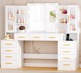 Set Masa toaleta alba 160 cm, cu Priza si USB, cosmetica, machiaj, oglinda cu LED, masuta vanity cu Blat de Sticla, make-up - SEA437