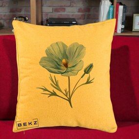 Perna Decorativa Mac Albastru Acuarela, 40x40 cm, Galben, Husa Detasabila, Perna Inclusa, BEKZ®