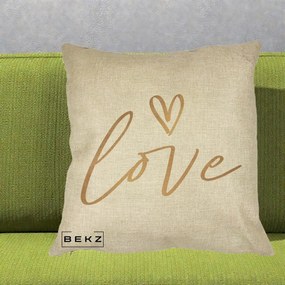 Perna Decorativa Love Caligrafie Aurie, 40x40 cm, Crem, Husa Detasabila, Perna Inclusa, BEKZ®