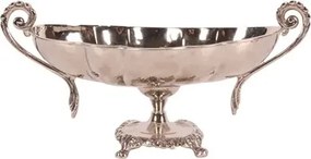 Bol de servire oval din alamă lucrată manual, argintiu, pe picior, cu două mânere, fructieră și centru de masă, 15 x 34 x 16 cm, „Sheffield”