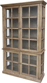 Vitrină rustică din lemn, natur, cu 4 uși vitrate, 4 rafturi și laterale din sticlă, finisaj natural, 196 x 120 x 40 cm, „Marseille”