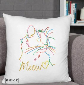Perna Personalizata Pisica Meow Arta Linie Colorata, 40x40 cm, Alb Pufos, Husa Detasabila, Perna Inclusa, BEKZ®