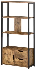 HOMCOM Biblioteca cu 3 Rafturi, Dulap si 2 Sertare, Biblioteca Stil Industrial din PAL si Metal, 58x24x122 cm, Negru si Lemn natur