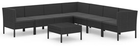 Set mobilier de gradina cu perne, 8 piese, negru, poliratan 3x colt + 4x mijloc + masa, 1