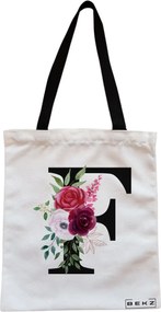 Sacosa de Panza pentru Cumparaturi, Geanta Tote, Cu litera F si Trandafiri, Cu fermoar, 38x34.5 cm, Alba, BEKZ®