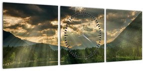 Tablou cu lac și soarele translucid (cu ceas) (90x30 cm)