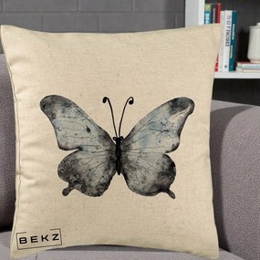 Perna Decorativa Fluture Acuarela Albastru-Gri, 40x40 cm, Bej, Husa Detasabila, Perna Inclusa, BEKZ®