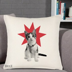 Perna Decorativa Pisica Star Pop Art, 40x40 cm, Crem Reliefat, Husa Detasabila, Perna Inclusa, BEKZ®