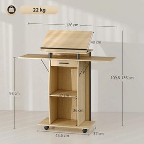 HOMCOM Suport de Podium cu Role, Pupitru cu Aripi Laterale Pliabile, Măsuță pentru Laptop cu Sertar și Rafturi, Stejar | Aosom Romania