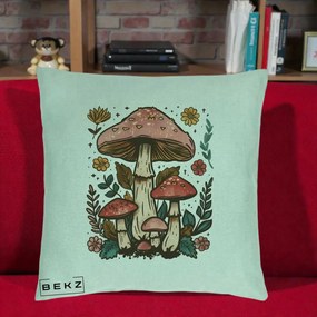 Perna Decorativa Ciuperci Vintage Floral, 40x40 cm, Verde Menta, Husa Detasabila, Perna Inclusa, BEKZ®
