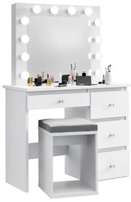 SEA538 - Set Masa toaleta, 94 cm, cosmetica machiaj oglinda masuta vanity, oglinda cu LED-uri cu sau fara scaun - Alb