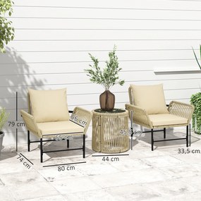 Outsunny Set mobilier de grădină din Polyrattan, mobilier outdoor pentru balcon pentru 2 persoane, 3 piese cu 2 scaune, măsuță laterală, perne | Aosom Romania