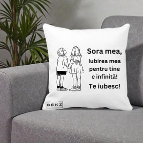 Cadou pentru Sora - Perna Personalizata Sora Mea Te Iubesc Copii Tinand Maini Line Art, 40x40 cm, Alba Mata, Husa Detasabila, Perna Inclusa, BEKZ®