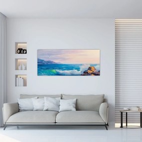 Tablou - Valuri lovind stânci, pictură în ulei (120x50 cm)