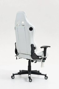 RESIGILAT- Scaun gaming, Masaj in 7 puncte, Boxe Bluetooth, funcție șezlong, 90-180 grade, suport picioare, sezut benzi elastice sustinere suplimentara, PU, Alb