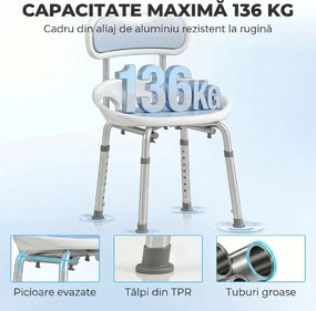 HOMCOM Scaun de Duș cu Spătar și Șezut Perforat, 8 Niveluri Reglabil, Antiderapant, 49,5 x 54 x 92 cm, Albastru | Aosom Romania