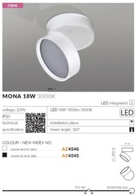 Spot LED aplicat directionabil de tavan/plafon MONA 18W 3000K alb