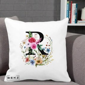 Cadou Personalizat - Perna Personalizata Monogram Litera R cu Flori Acuarela, 40x40 cm, Alba Mata, Husa Detasabila, Perna Inclusa, BEKZ®