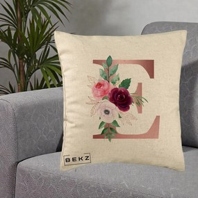 Cadou Personalizat - Perna Personalizata Monograma Rose Gold Litera E, 40x40 cm, Bej, Husa Detasabila, Perna Inclusa, BEKZ®