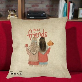 Cadou pentru Prieteni - Perna Personalizata Best Friends Toamna, 40x40 cm, Crem, Husa Detasabila, Perna Inclusa, BEKZ®
