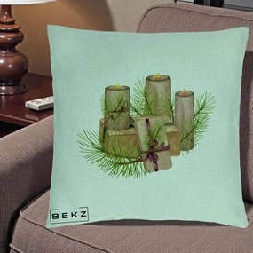 Perna Decorativa Lumanari cu Cadouri Naturale, 40x40 cm, Verde Menta, Husa Detasabila, Perna Inclusa, BEKZ®