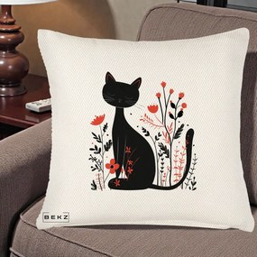 Perna Decorativa Pisica Neagra Flori Rosii Folk Minimal, 40x40 cm, Crem Reliefat, Husa Detasabila, Perna Inclusa, BEKZ®