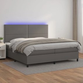 vidaXL Pat cu arcuri, saltea și LED, gri, 200x200 cm, piele ecologică